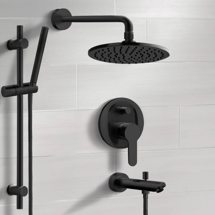 Remer TSR51 Matte Black Tub and Shower Faucet Set with Handheld, Rain Shower Head